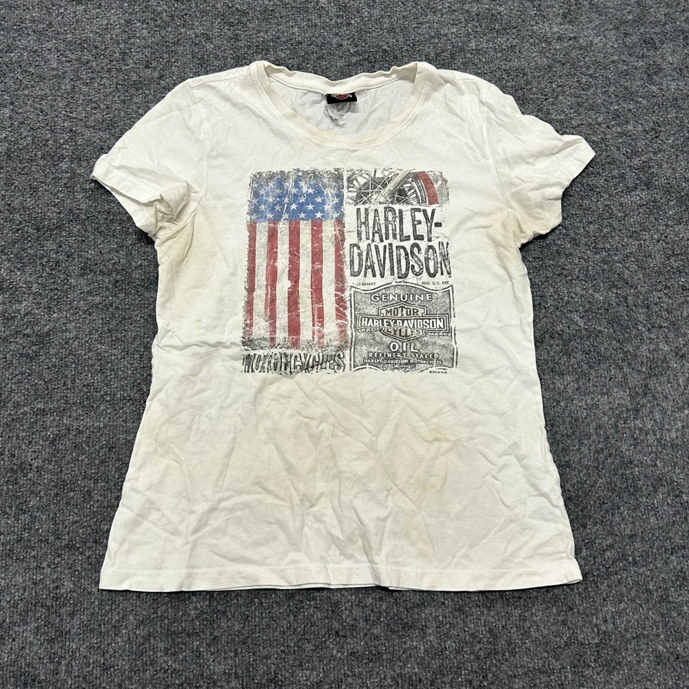 Harley-Davidson T-Shirt Womens Size M White Distressed Graphic Biker Tee Stain